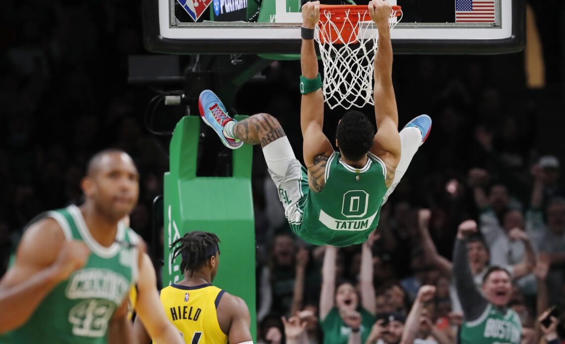 Brown, Tatum pair up to lead Celtics past Pacers 128-123