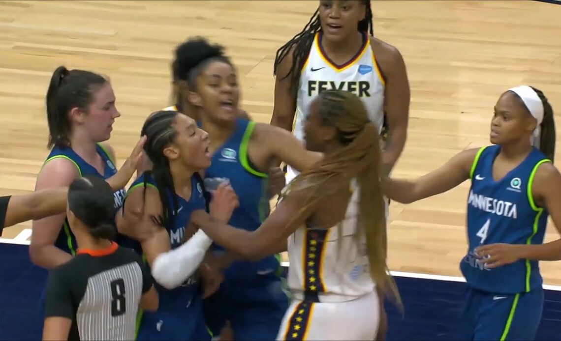 3 TECHNICAL FOULS ON ONE PLAY As Powers SHOVES 3 Indiana Fever Players, Has To Get Held Back By Team