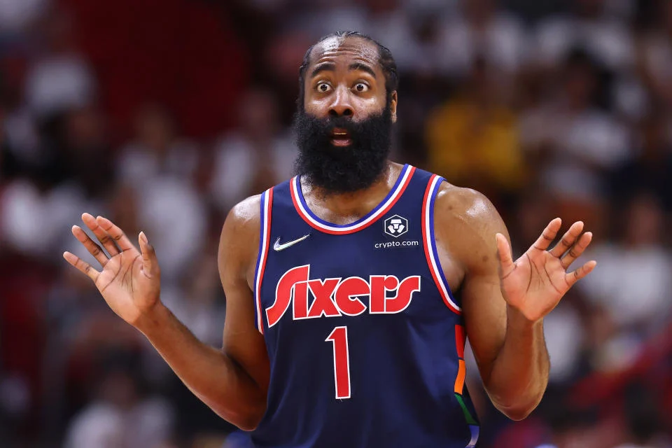 James Harden of the Philadelphia 76ers reacts against the Miami Heat during the first half in Game 5 of the Eastern Conference semifinals of the NBA playoffs at FTX Arena on May 10, 2022 in Miami.