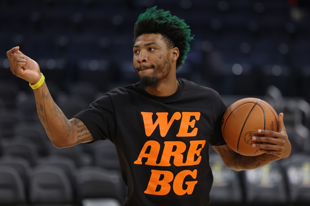 Boston's Marcus Smart wears a shirt to raise awareness of the plight of WNBA star Brittney Griner, who has been detained by Russia since early February.