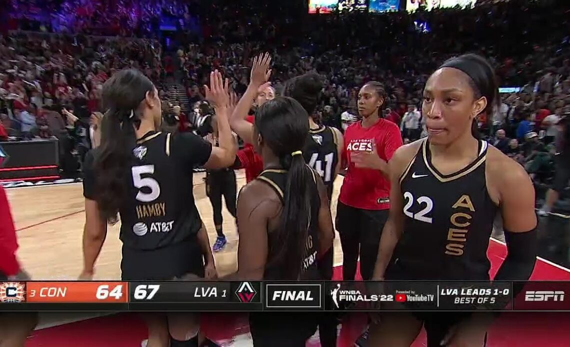 Bonner Misses Game-Tying 3, Las Vegas Aces Celebrate Game 1 Win Of WNBA Finals vs Connecticut Sun