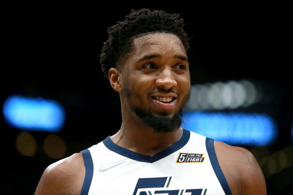 Donovan Mitchell #45 of the Utah Jazz stands on the court during the fourth quarter of a NBA game against the New Orleans Pelicans at Smoothie King Center on January 03, 2022 in New Orleans, Louisiana. NOTE TO USER: User expressly acknowledges and agrees that, by downloading and or using this photograph, User is consenting to the terms and conditions of the Getty Images License Agreement. (Photo by Sean Gardner/Getty Images)