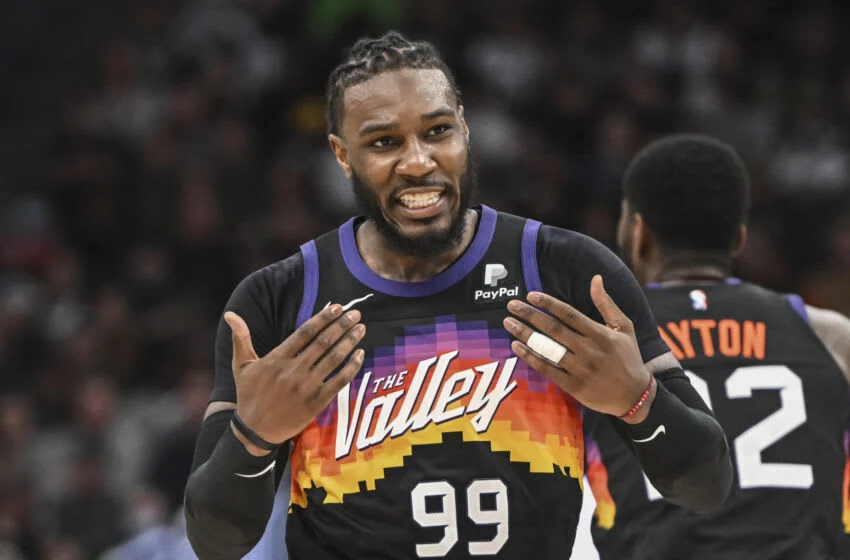 Mar 6, 2022; Milwaukee, Wisconsin, USA; Phoenix Suns forward Jae Crowder (99) reacts in the fourth quarter during the game against the Milwaukee Bucks at Fiserv Forum. Mandatory Credit: Benny Sieu-USA TODAY Sports
