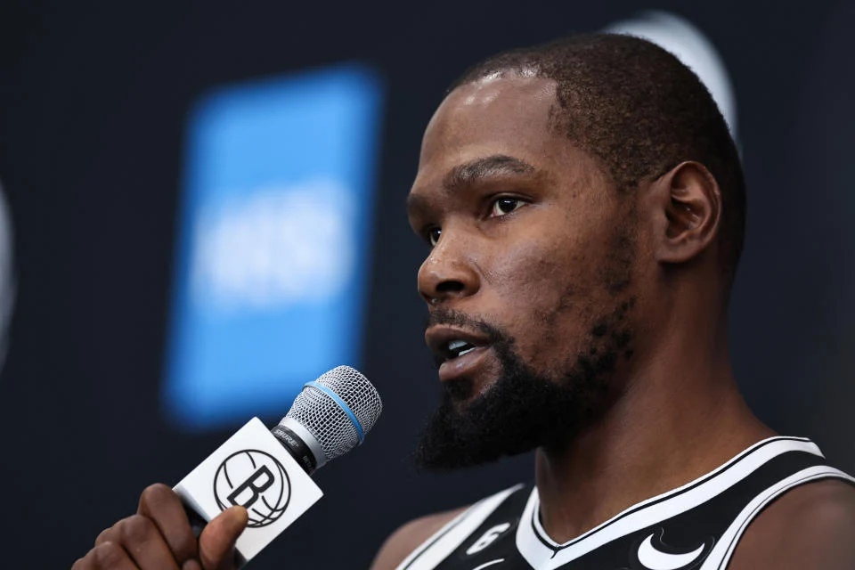 Brooklyn Nets forward Kevin Durant speaks during the Nets' media day on Sept. 26, 2022. (Dustin Satloff/Getty Images)