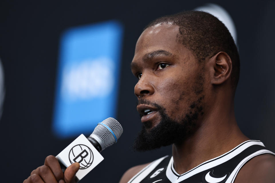 Brooklyn Nets forward Kevin Durant speaks during the Nets&#39; media day on Sept. 26, 2022. (Dustin Satloff/Getty Images)