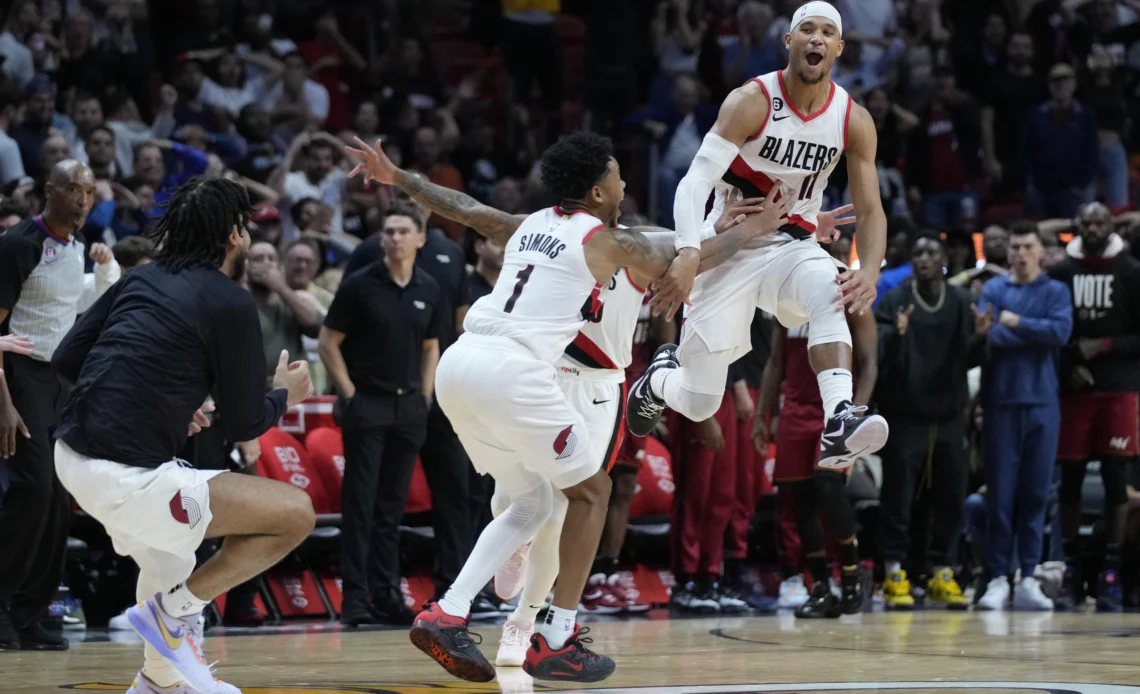 Hart hits 3 at buzzer to give Blazers 110-107 win over Heat