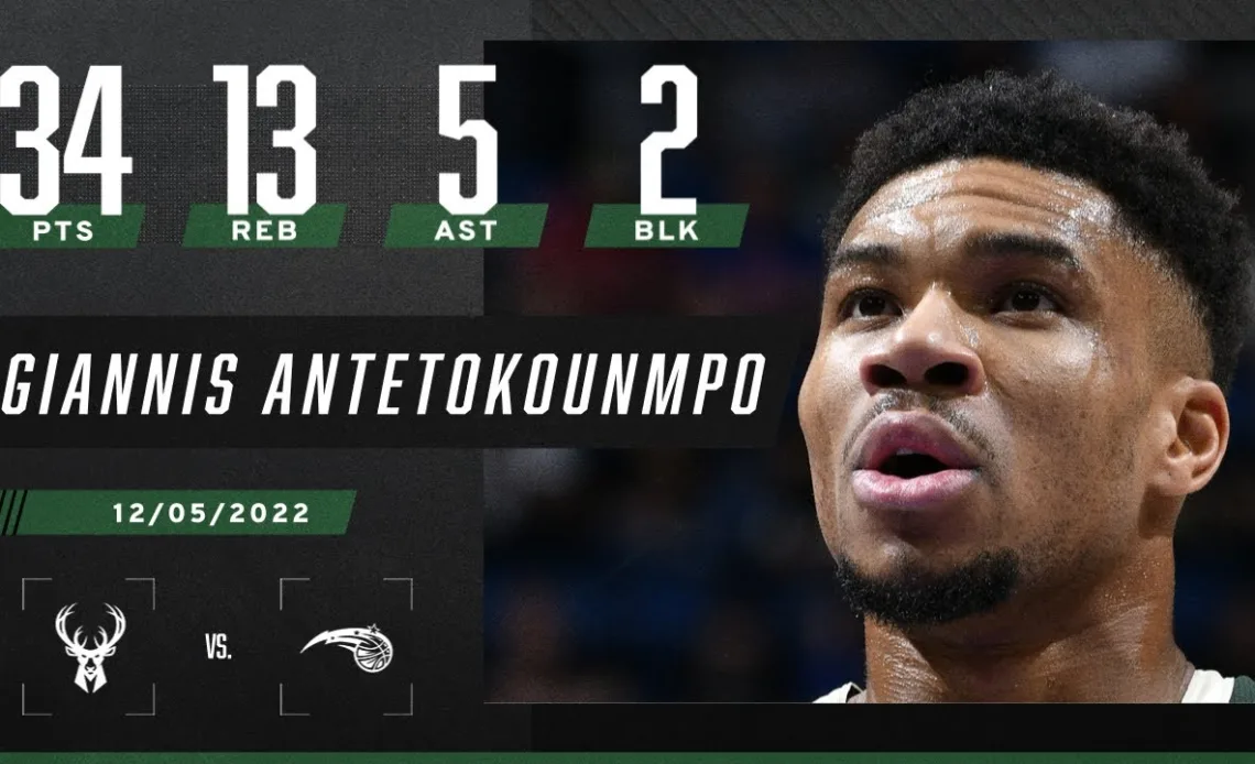 Giannis Antetokounmpo's STUFFS stat sheet with 34 PTS, 13 REB, 5 AST, 1 STL & 2 BLK