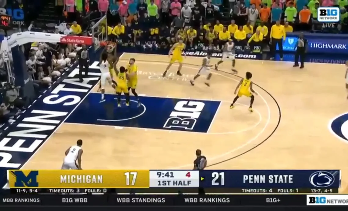 Kebba Njie puts down a two-handed flush to extend Penn State's lead over Michigan