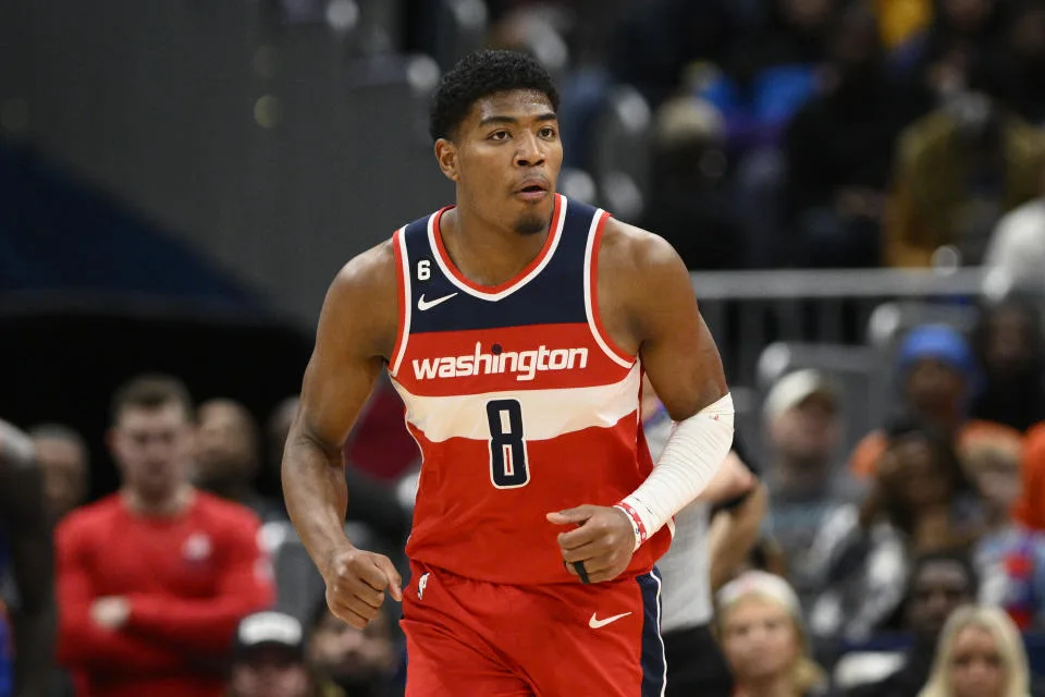 Washington Wizards forward Rui Hachimura (8) in action during the second half of an NBA basketball game against the New York Knicks, Friday, Jan. 13, 2023, in Washington. The Knicks won 112-108. (AP Photo/Nick Wass)