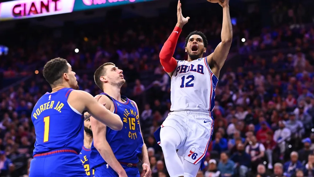 Tobias Harris reacts to his second half success as Sixers beat Nuggets