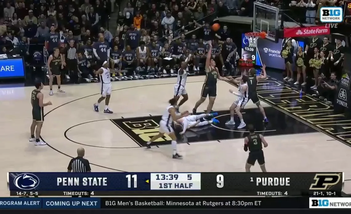 Purdue's Zach Edey scores in the paint and draws the foul against Penn State