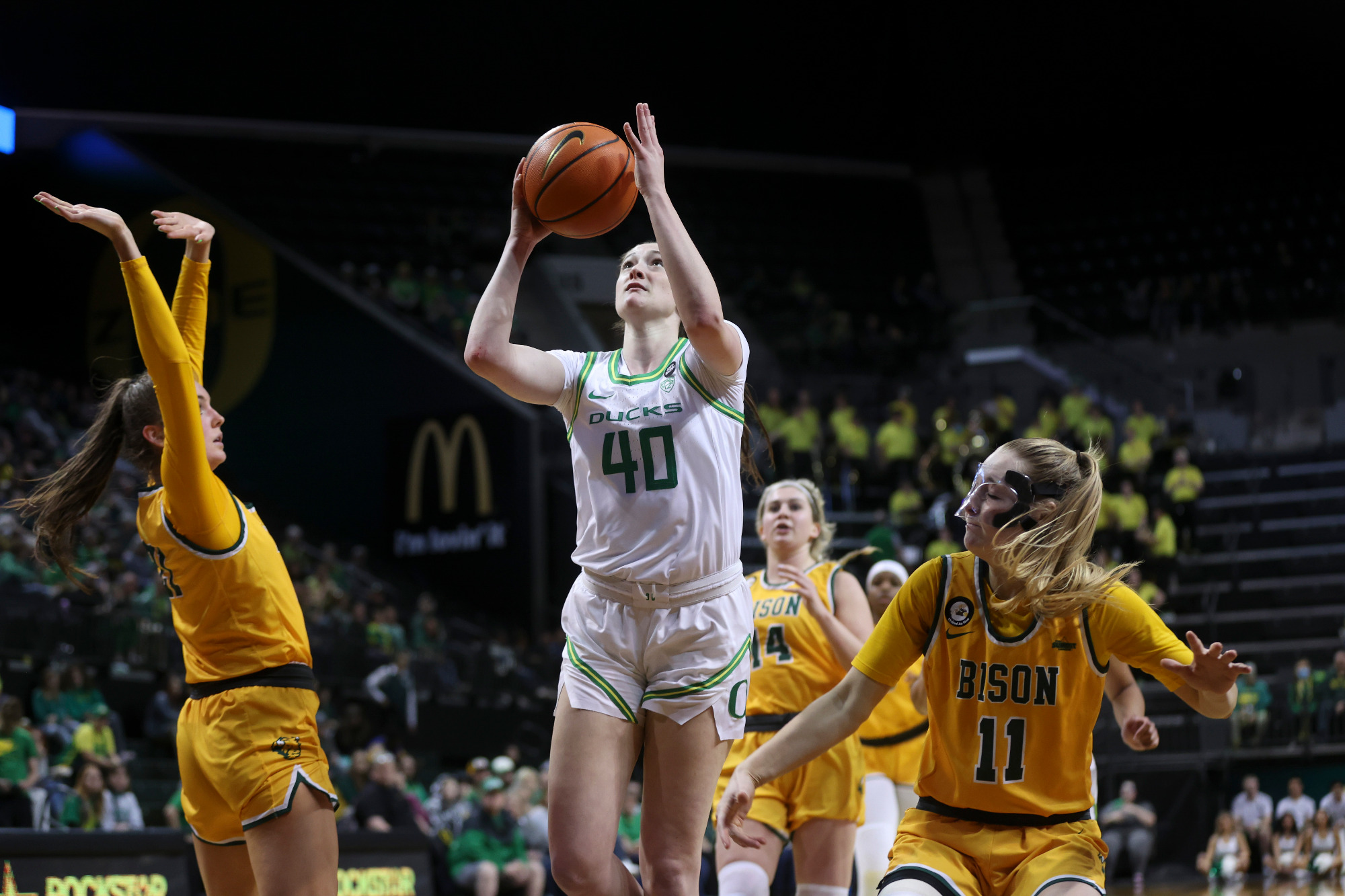 The Oregon Ducks take on the North Dakota State Bison in round one of the 2023 NIT Tournament at Matthew Knight Arena in Eugene, Oregon on March 17, 2023 (Eric Evans Photography)