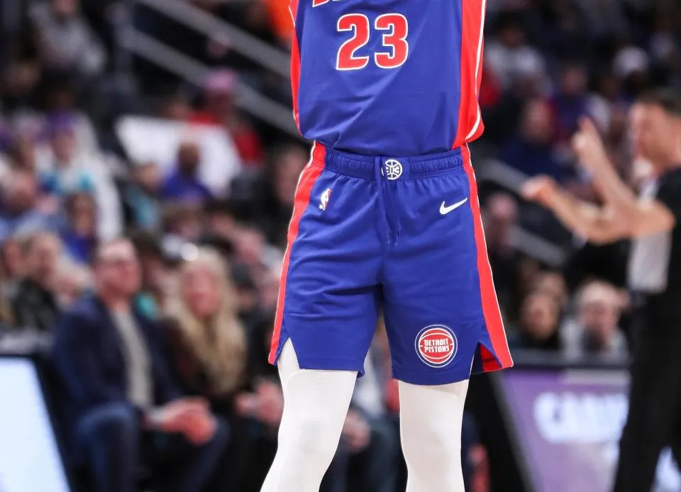 Jaden Ivey reacts to a play during the 113-103 loss against the Hornets on Thursday at Little Caesars Arena.