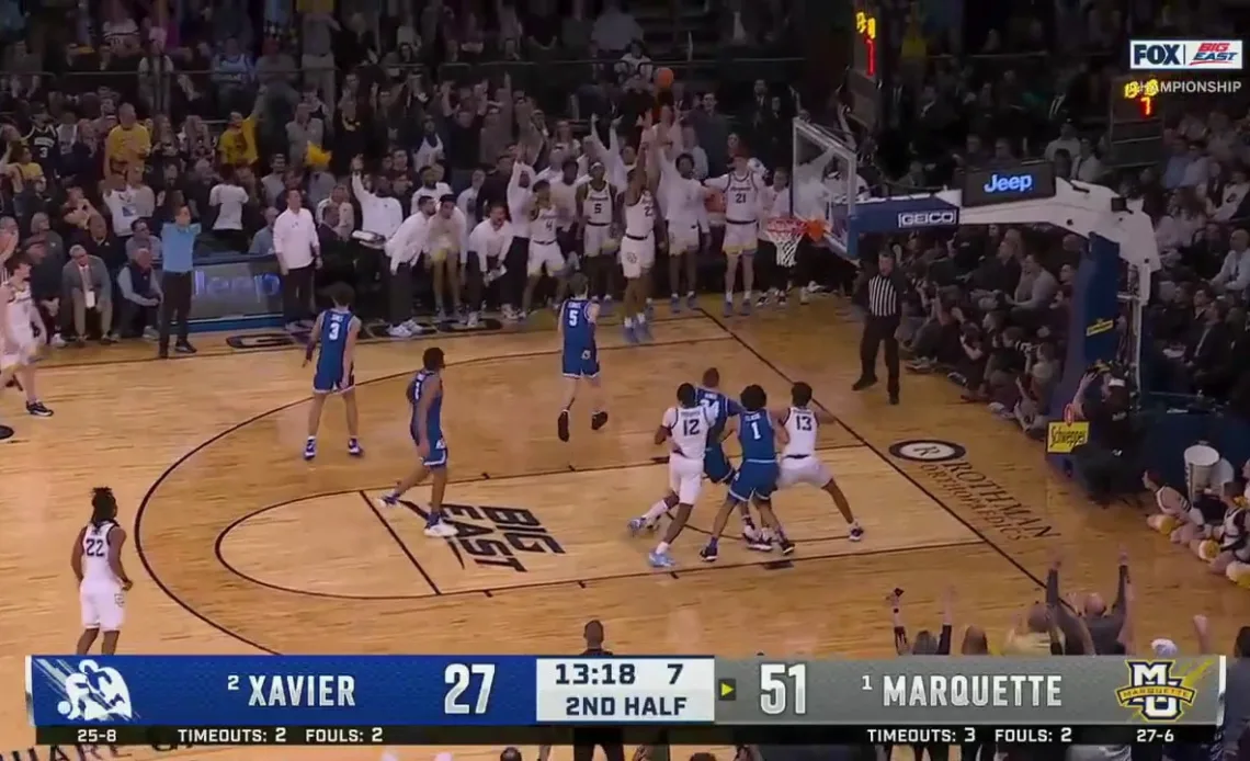 David Joplin hits a 3-pointer to extend Marquette's lead over Xavier in the second half of the Big East Championship