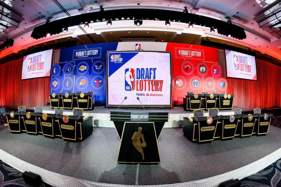 A general view of the stage prior to the 2019 NBA draft lottery at the Hilton Chicago, May 14.