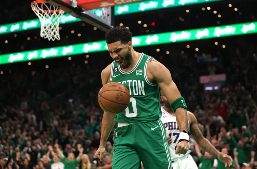 BOSTON, MASSACHUSETTS - MAY 14: Jayson Tatum #0 of the Boston Celtics celebrates a basket against the Philadelphia 76ers during the first quarter in game seven of the 2023 NBA Playoffs Eastern Conference Semifinals at TD Garden on May 14, 2023 in Boston, Massachusetts. NOTE TO USER: User expressly acknowledges and agrees that, by downloading and or using this photograph, User is consenting to the terms and conditions of the Getty Images License Agreement. (Photo by Adam Glanzman/Getty Images)