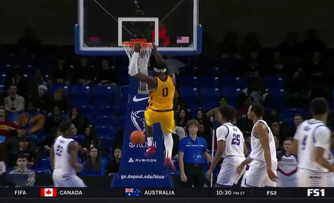 Tre King throws down a strong two-handed slam in transition to extend Iowa State's lead over DePaul